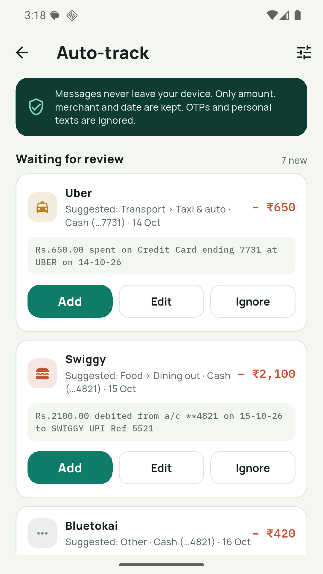 Kosh auto-track screen listing bank messages waiting for review with suggested categories