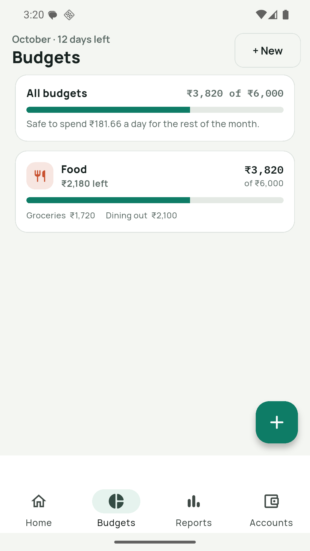 Kosh budgets screen with progress bars per category and subcategory breakdown